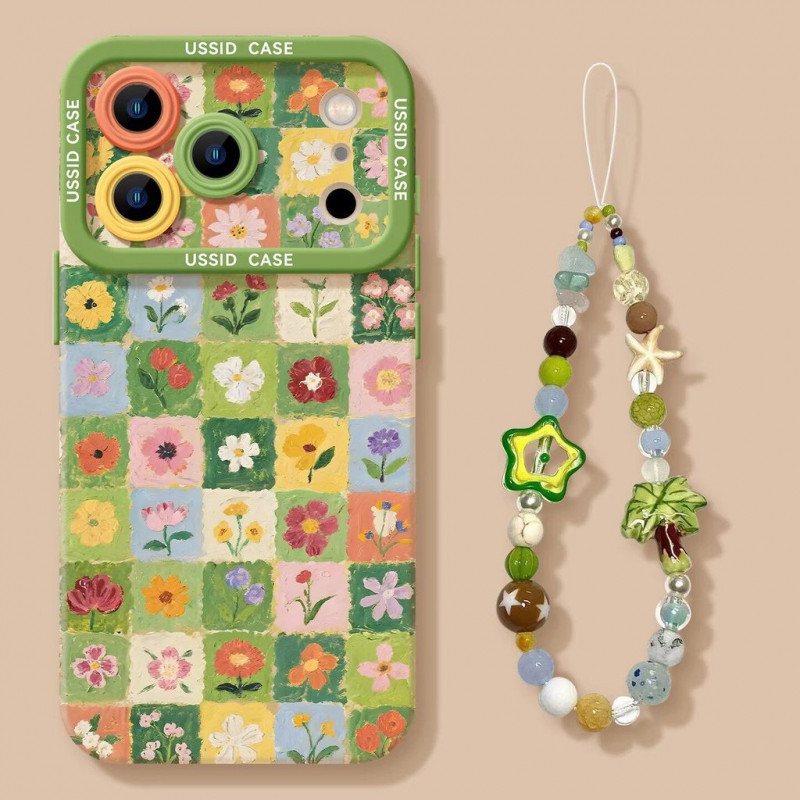 VibeCo ภาพวาดสีน้ํามันดอกไม้ตารางกรณี iPhone 12-17 Series สีเขียวหน้าต่างขนาดใหญ่สไตล์ Pastoral สด