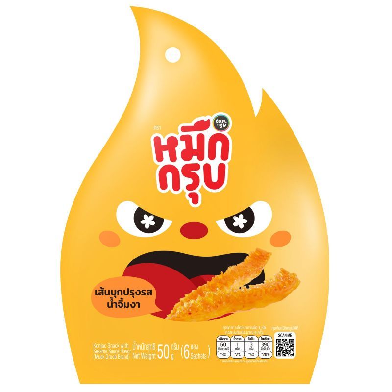 หมึกกรุบเส้นบุกปรุงรสสูตรน้ำจิ้มงา 50กรัม Muek Groob Sesame Sauce Flavor 50g. [หมายเลขบาร์โค้ด 8859745200303]