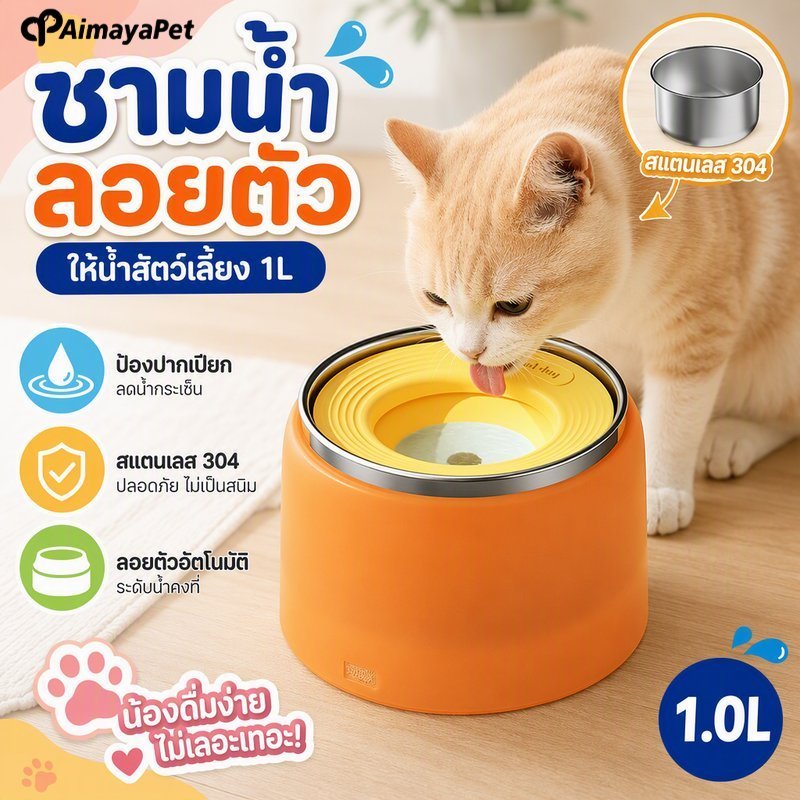 ชามน้ำสัตว์เลี้ยงลอย กันน้ำหก น้ำไม่กระเด็น แกนสแตนเลส 304 ถอดล้างง่าย ใช้ในคอนโด ขนาดมาตรฐาน 1000
