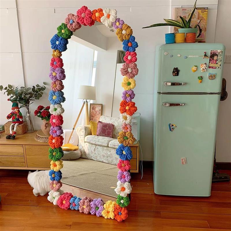 DIY DIY พัฟแขนกระจกดอกไม้ดัดแปลง DIY วัสดุขอบกระจกเต็มตัว Creative Handmade ชั้นยาวกระจกตกแต่งกรอบหญ