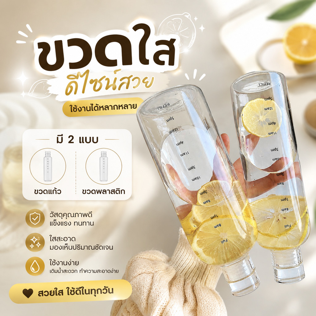 ขวดน้ำแก้ว ขวดแก้ว+ฝา ฝาแน่น สีใส ความจุ 500 ml พกพา สะดวก มีขีดแบ่งเวลาดื่มน้ำ
