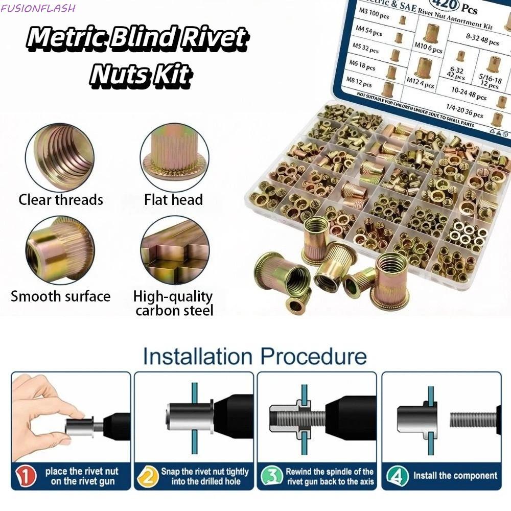 FUSIONFLASH Rivet Nut, สังกะสีชุบกันสนิมเกลียวใส่เครื่องมือ, Rivet Nut ชุดผสมเหล็กคาร์บอนหัว Rivet N