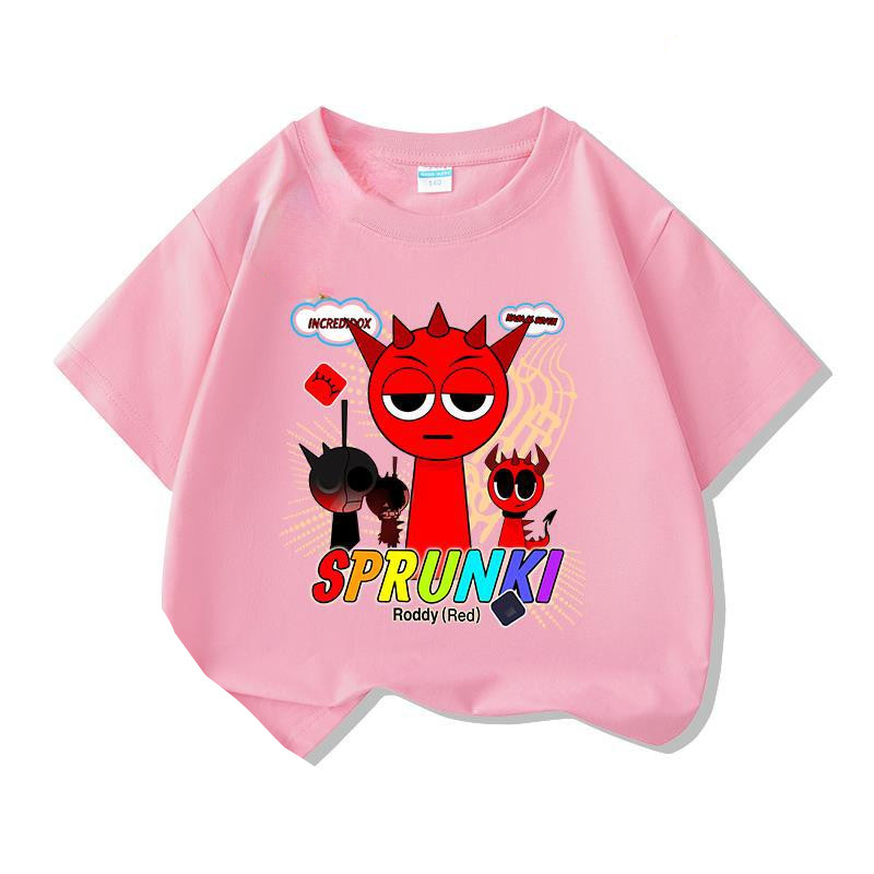Sprunki 2D Sun Artwork เสื้อยืดแขนสั้นเด็ก O-คอการ์ตูนพิมพ์ Tee สําหรับ Playdates และทุกวัน Casual O