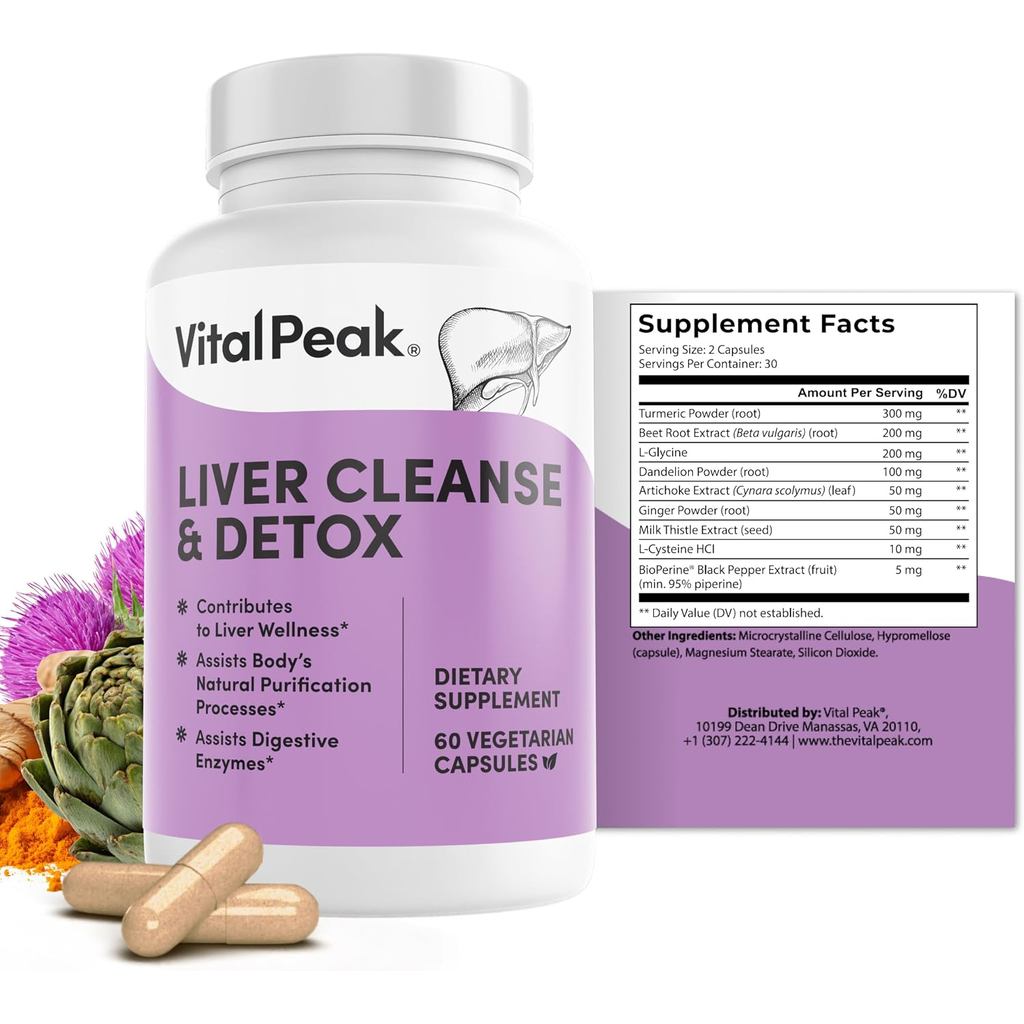 Vital Peak Liver Cleanse Detox & Repair อาหารเสริม Milk Thistle, ขมิ้น, บีทรูท, ขิง, Dandelion, Arti
