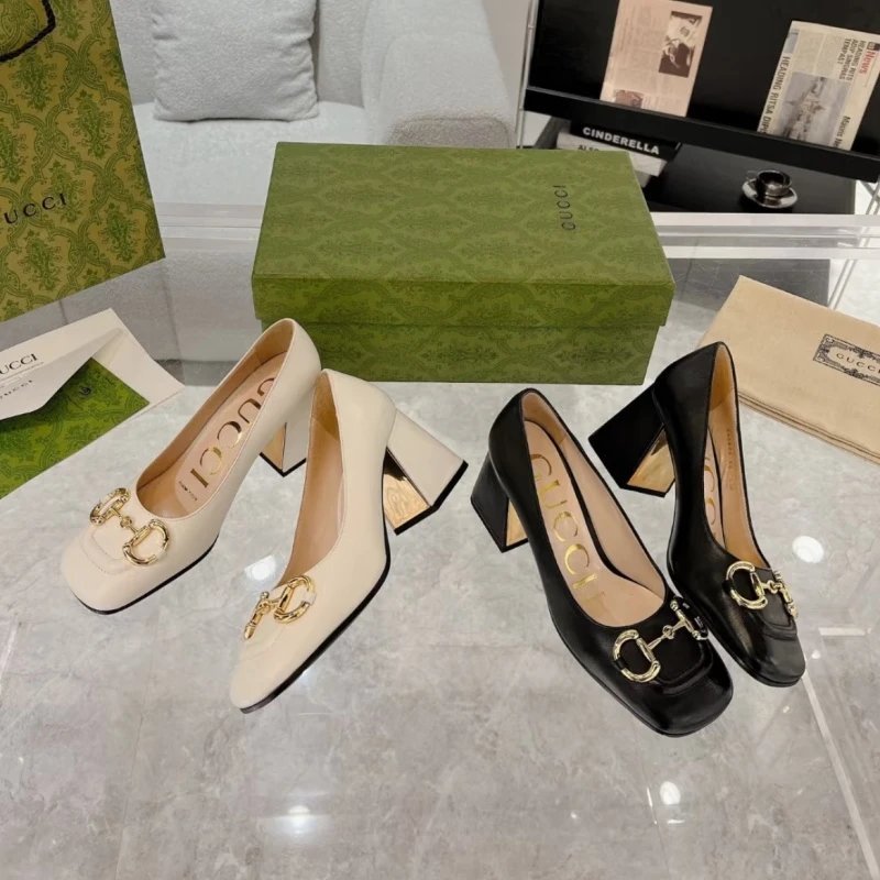 GUCI Gucci รองเท้าส้นสูงผู้หญิงภาษาฝรั่งเศสคํารองเท้าส้นสูงผู้หญิง 2025 ฤดูใบไม้ผลิฤดูร้อนสไตล์ใหม่ร
