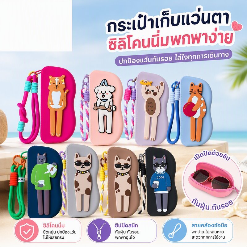 กระเป๋าเก็บแว่นตา ซิลิโคนนิ่มพกพาง่าย ซองซิปกันฝุ่น กันกระแทกลายการ์ตูน เดินทาง โรงเรียน