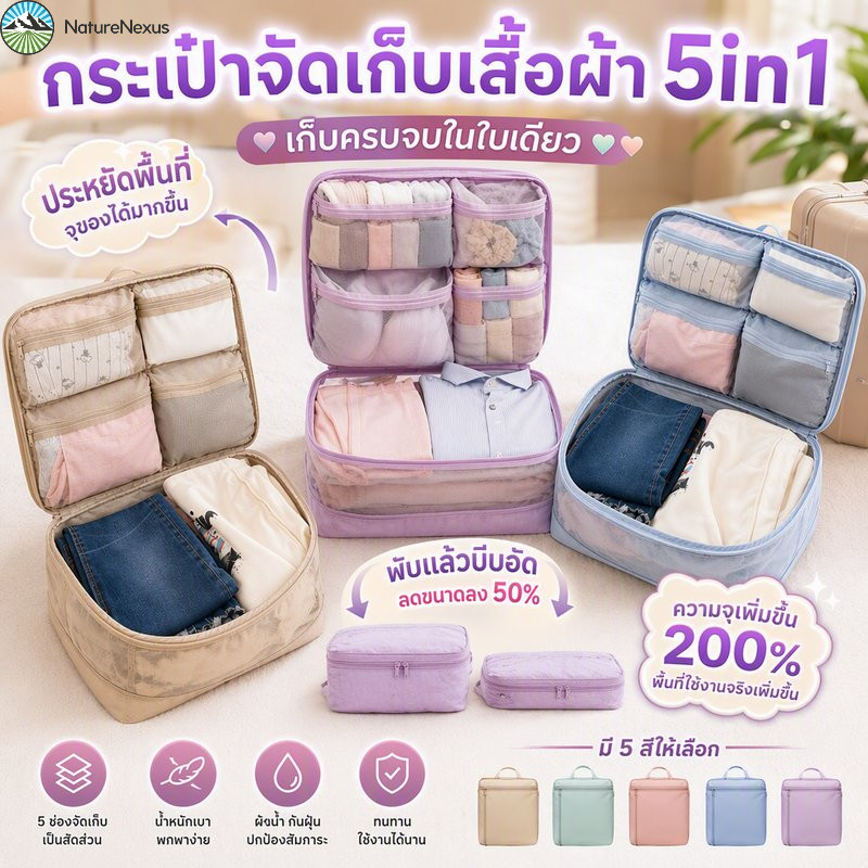 กระเป๋าจัดระเบียบเดินทาง 5in1 กระเป๋าเดินทาง สามารถบีบอัดได้ พับได้ จุเยอะ พกพา ซิปพกพา travel