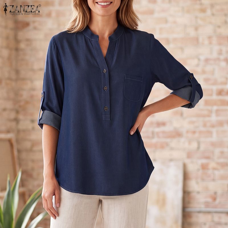 ZANZEA เสื้อเบลาส์กระเป๋าแขนยาวคอวีแฟชั่นเกาหลีสําหรับผู้หญิง — صورة 5