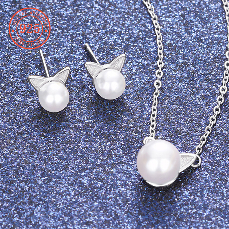 SHEFULI ใหม่หูแมวน่ารัก Pearl Stud ต่างหูสร้อยคอ CSX1967