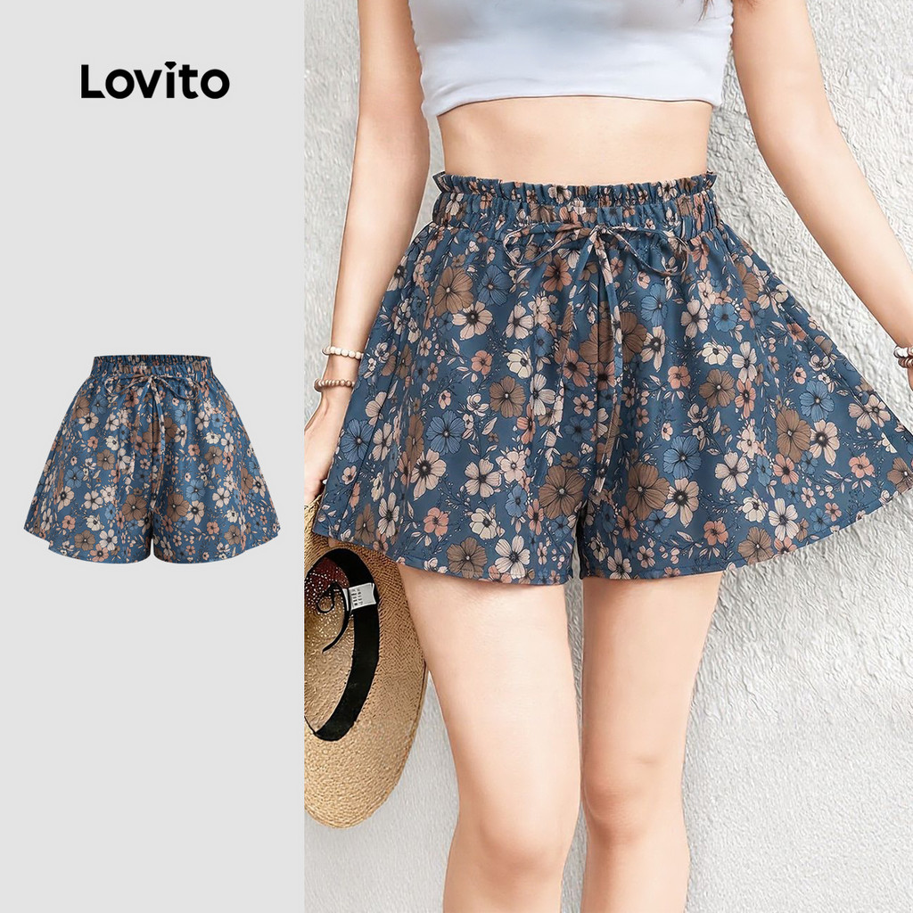(New Arrival) Lovito กางเกงขาสั้นโบโฮ ลายเชือกผูก สําหรับผู้หญิง เหมาะสําหรับฤดูใบไม้ผลิ/ฤดูร้อน STK