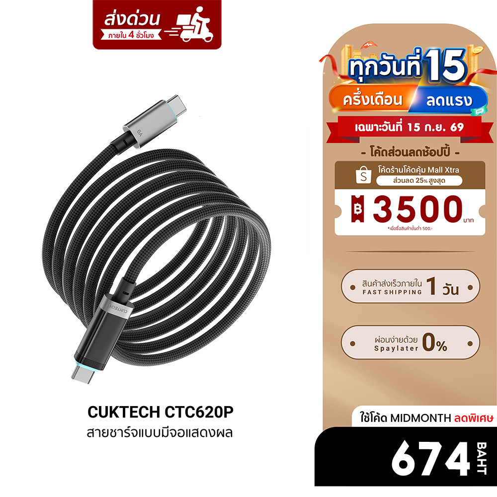 [ลดเหลือ 674] CUKTECH CTC620P 6A 240W สายชาร์จมีจอ USB-C to USB-C รองรับชาร์จเร็ว PD3.1 -24M