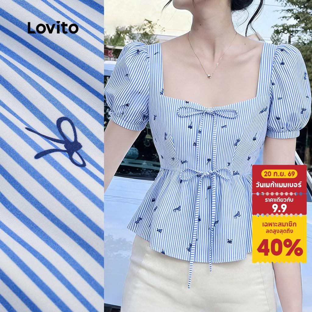Lovito เสื้อเบลาส์ผูกโบว์ด้านหน้า ผ้าโปร่งแสง สีฟ้าอ่อน สําหรับผู้หญิง เหมาะกับฤดูใบไม้ผลิ/ฤดูร้อน L190ED527