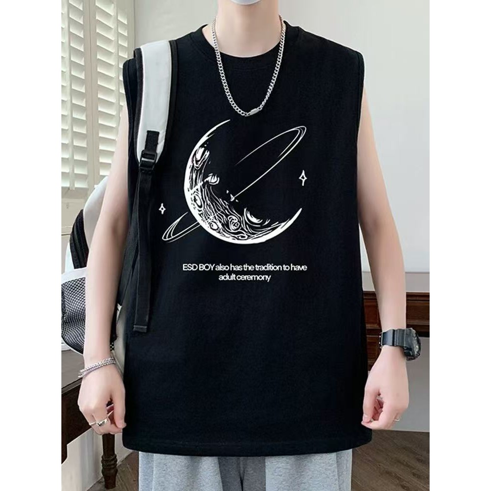 เสื้อยืดแขนกุดลําลอง เปิดไหล่ ทรงหลวม ลายดวงจันทร์ สไตล์อเมริกันเรโทร แฟชั่นฤดูร้อน สําหรับผู้ชาย - รูปที่ 2