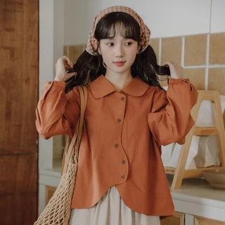 Red Berryเสื้อเชิ้ตผ้าฝ้ายแท้หลวมสไตล์ญี่ปุ่นฤดูใบไม้ร่วงและฤดูหนาวปี 2025 ทรงหลวมพร้อมกระดุมทรงไม่สม่ำเสมอ99201