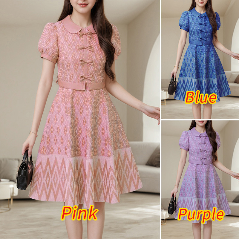 ZANZEA ผู้หญิงเกาหลีพัฟแขนเอว Patchwork ชาติพันธุ์พิมพ์ Bowknots ตกแต่งชุด — صورة 3