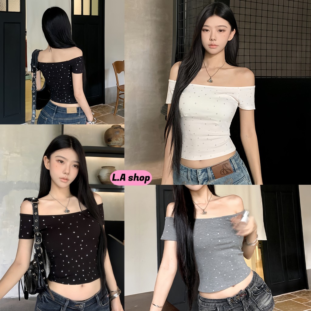 L.A Shop★เสื้อคุณภาพดี เสื้อแขนสั้น เปิดไหล่ เข้ารูป สไตล์เกาหลี ผ้ายืด "FYB24"
