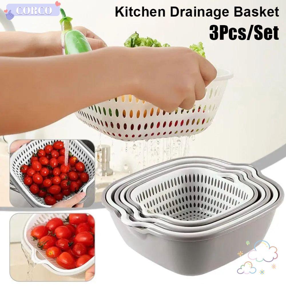 CORCO 3 ชิ้น/เซ็ตผักผลไม้ Drainer, Multifunctional Stackable ตะกร้าระบายน้ํา,พลาสติกทนทาน Double-Layer อ่างล้างหน้าอาหารซักผ้า