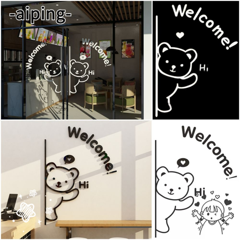 AIPING สติกเกอร์ติดประตูและผนัง ลายการ์ตูนหมี สำหรับร้านขนมหวานและคาเฟ่ สไตล์ดำและขาบ