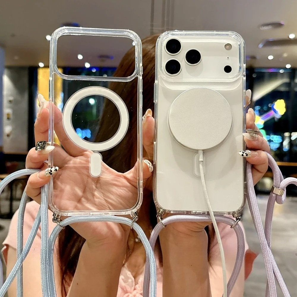 เชือกเส้นเล็กCrossbodyสร้อยคอเชือกเคสใสสําหรับiPhone 17 16 Pro Max 17 Air 16 Plusฝาครอบชาร์จไร้สายแม่เหล็ก