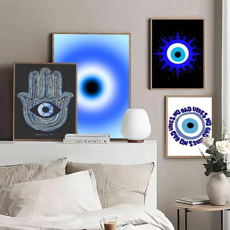 Evil Eye Hamsa Hand Unframed กันน้ํา HD ผ้าใบ Wall Art ไม่มี Bad Vibes ตกแต่งบ้าน
