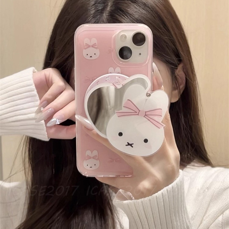 ด้านข้างสีชมพู Miffy กระต่ายกระจกที่วางแม่เหล็ก Apple iPhone 17 Air 16e 15 14 Plus 13 12 Pro Max เคสโทรศัพท์