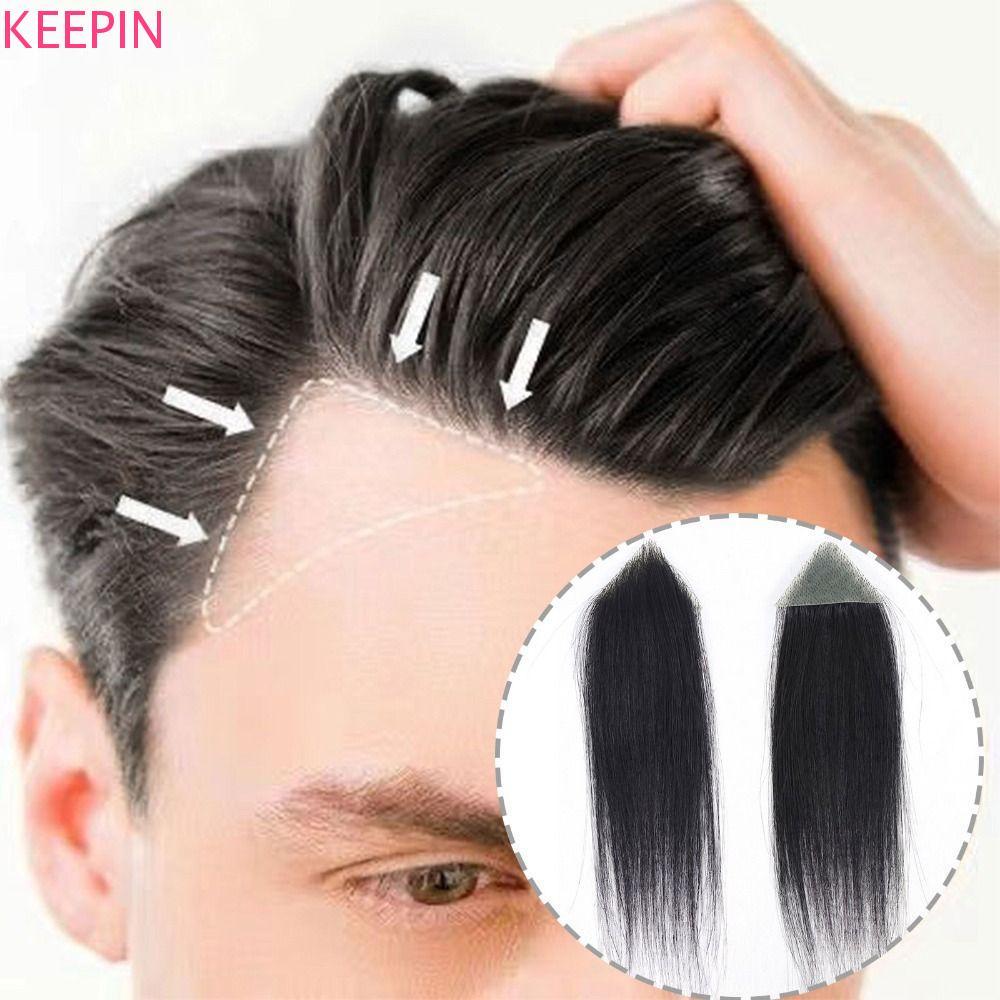 KEEPIN แผ่นแปะหน้าผาก, ผิวบางพิเศษ PU ที่มองไม่เห็น 100% ผมมนุษย์ Hairline รูปตัว M Seamless Natural Sideburns Toupee Hairline Sideburn Patch ผู้ชาย