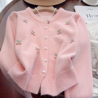 เชอร์รี่หวานปักมุกเสื้อกันหนาวผู้หญิงถักเสื้อสเวตเตอร์ถักด้า…