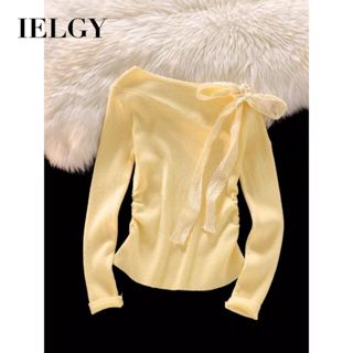 เสื้อลูกไม้สีเหลืองปิดไหล่แขนยาวสำหรับผู้หญิง แบบถักพร้อมเชื…