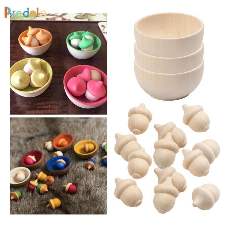[Predolo] Acorns ไม้ธรรมชาติ 10 Acorns และ 3 ชามนับและเรียงลําดับชุดตุ๊กตา Peg ไม้ที่ยังไม่เสร็จสําห