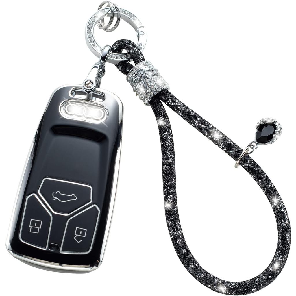 สําหรับ Audi Key Fob ฝาครอบคริสตัลรถพวงกุญแจ, Key Case สําหรับ Audi A4 Q7 Q5 TT A3 A6 SQ5 R8 S5, สีด