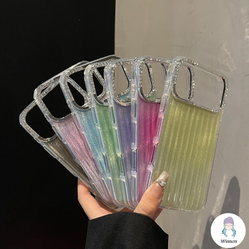 Gradient Vertical Stripes Diamond Lens Border เคสโทรศัพท์สําหรับ IPhone 17 Pro 16promax Ip 15 13 17 Pro Max 14 Pro Max กันกระแทก Soft TPU ฝาหลังโทรศัพท์มือถือ