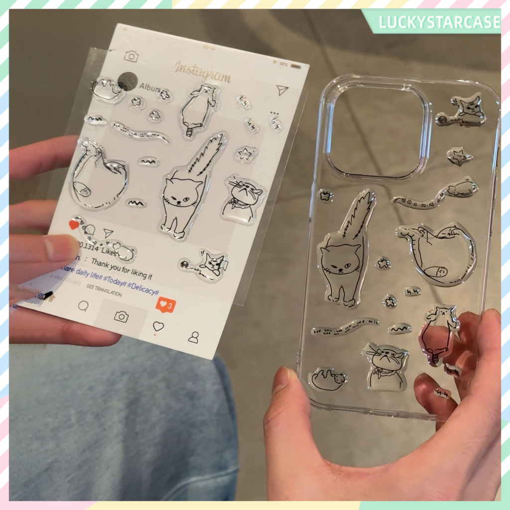 For iPhone 17 16 15 11 12 13 14 Pro Max 7 8 Plus XR X XS Plus เคส โปร่งใส กันกระแทก Case สติกเกอร์เจลลี่ การ์ตูนแมว DIY