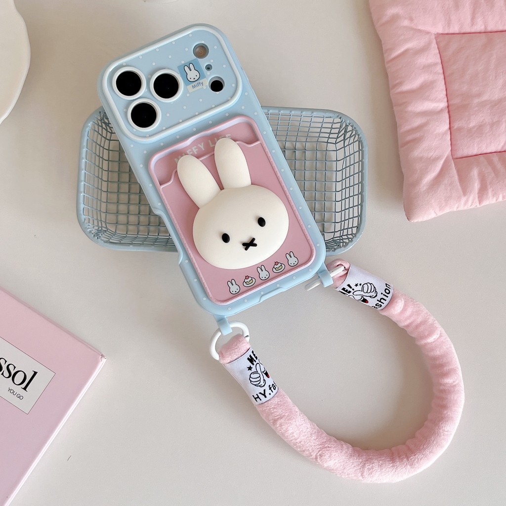 สีฟ้าสีชมพู 3D Miffy Rabbit กล้องหน้าต่างขนาดใหญ่ผู้ถือบัตรด้านหลัง TPU สําหรับ Apple IPhone 17 16 15 14 13 Pro Max เคสกันกระแทก