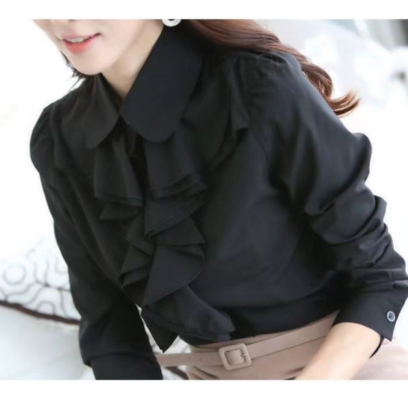 เสื้อเชิ้ตแขนยาว คอปกตุ๊กตา ผ้าชีฟอง แต่งลูกไม้ ทรงใบบัว แบบเข้ารูป สีขาว สไตล์เกาหลี นักธุรกิจ สําหรับผู้หญิง
