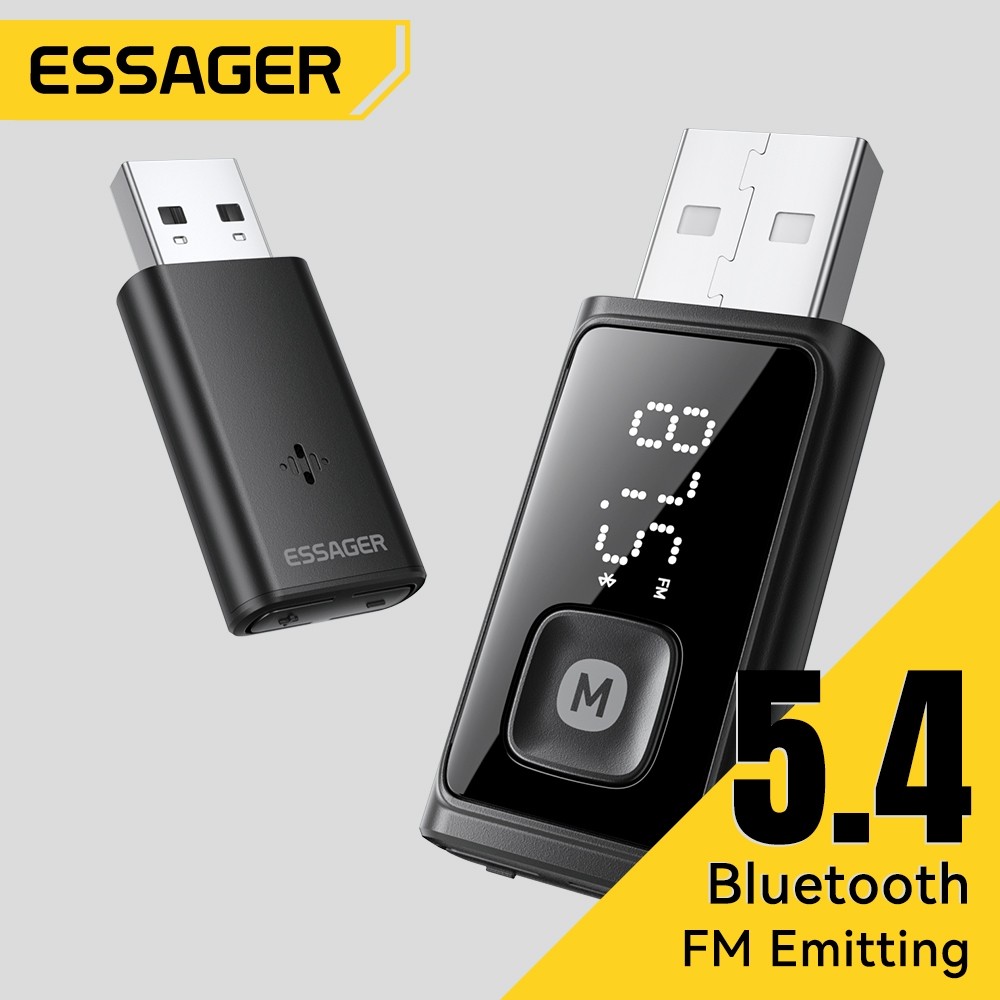 Essager บลูทูธ 5.4 อะแดปเตอร์บลูทูธ FM เครื่องเสียงรถยนต์ FM ไมโครโฟนในตัว HD ระยะรับการโทร FM บลูทู