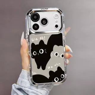 เคสไอโฟน ป้องกันเลนส์ ลายแมวดำสองตัวน่ารัก มีขาตั้ง สายคล้องชมพู iPhone11 13 15 17ProMax พร้อมส่งJHJMNYK73
