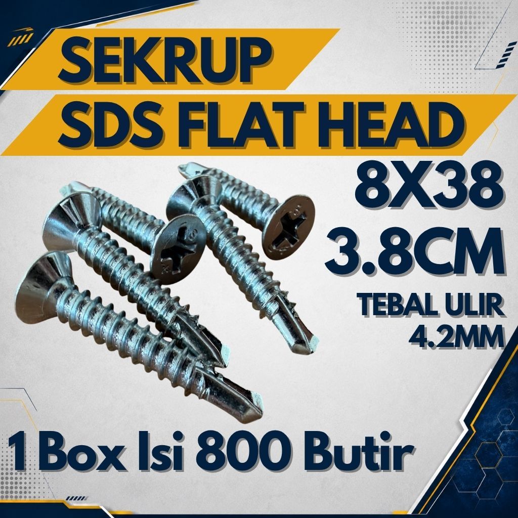SDS FH 8x38 (3.8cm) (1 กล่อง มี 800 ชิ้น) สกรูคอครีบหัวแบน / Greet - 8 x 38 / สกรู GRC / เพดาน / Hol