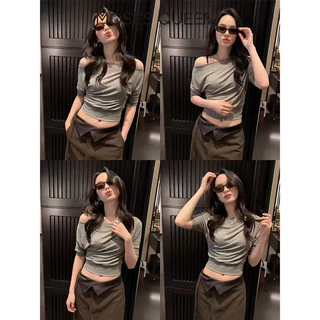MOSESQUEEN เสื้อยืดแขนสั้นคอวีทรงจีบบุนวมสําหรับผู้หญิง - ดีไซน์สมมาตรสไตล์ Eggy เหมาะสําหรับการกระชับสัดส่วน #63941