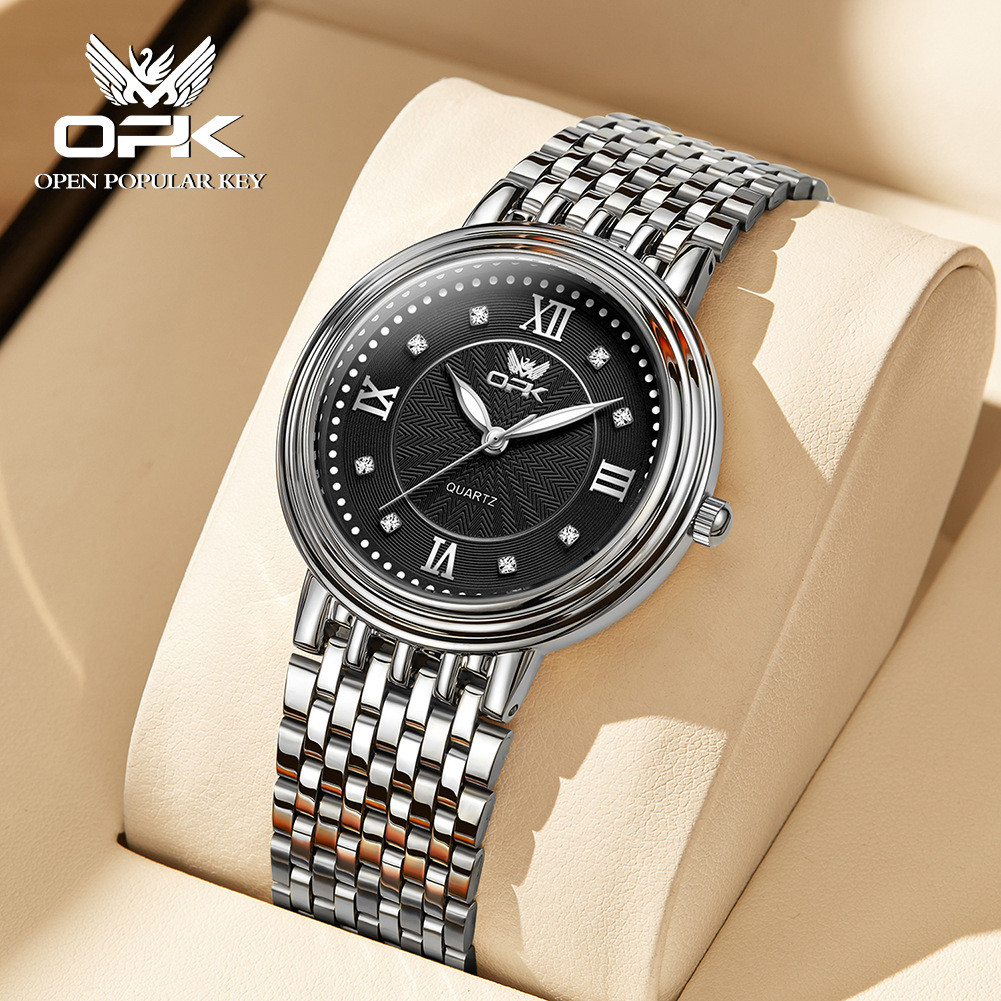 OPK Mens Quartz Watch - สายสแตนเลส - Black Dial Diamond Markers - 30M Waterproof - เลขโรมัน - ส่องสว
