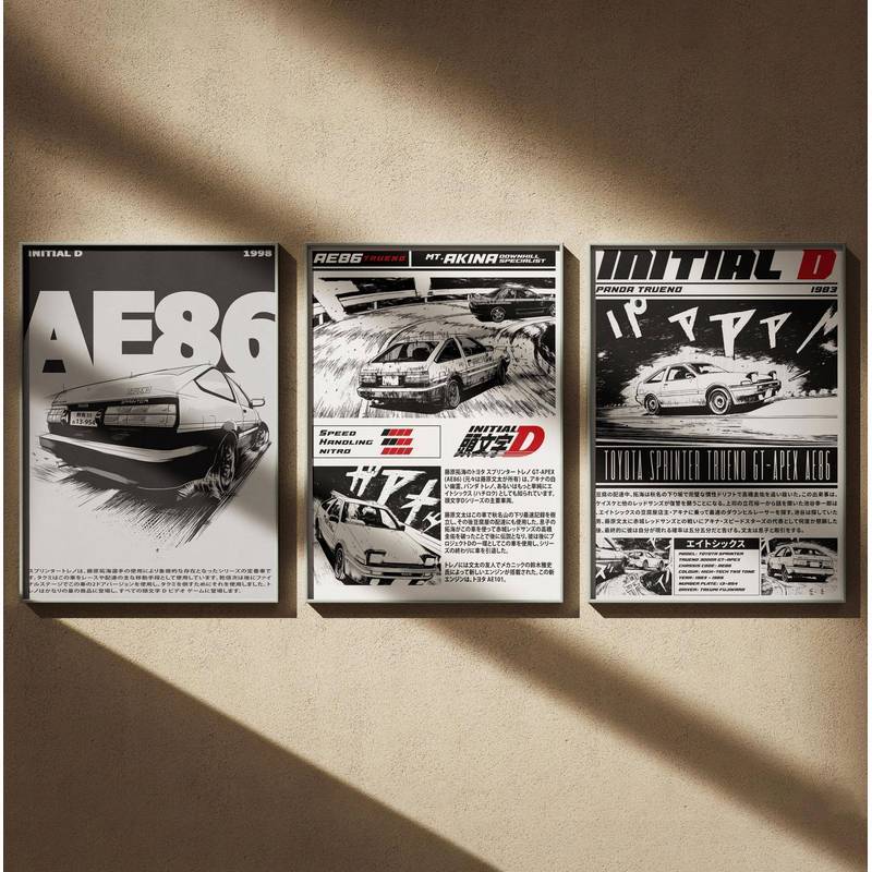 Initial D AE86 Anime Car Canvas Wall Art, Retro Manga Racing Room Decor