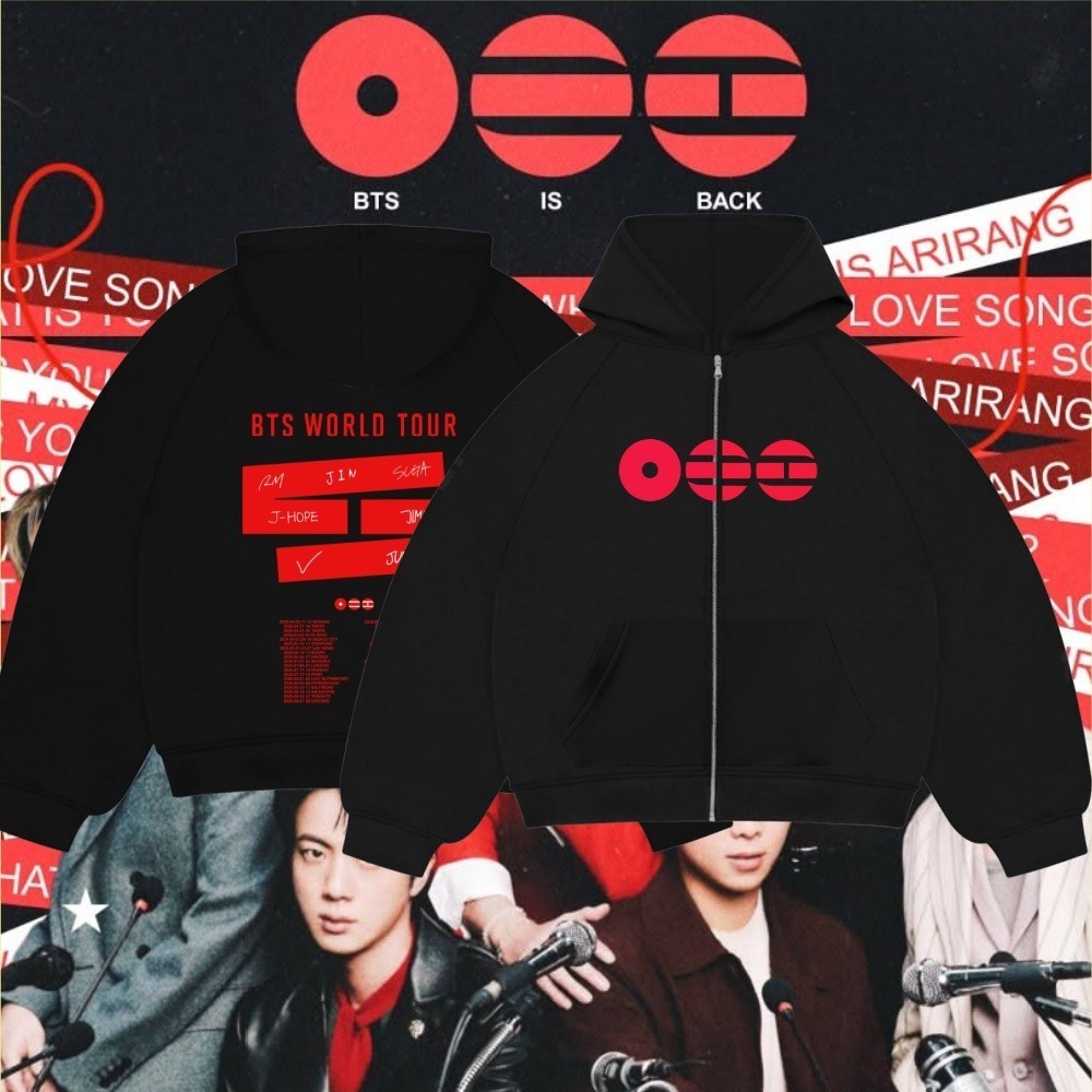 UNISEX เสื้อฮู้ดแขนยาว BTS Is Back World Tour ARIRANG JIN SUGA J-H JM JK TY RM BT21 Pure  Printed Pu