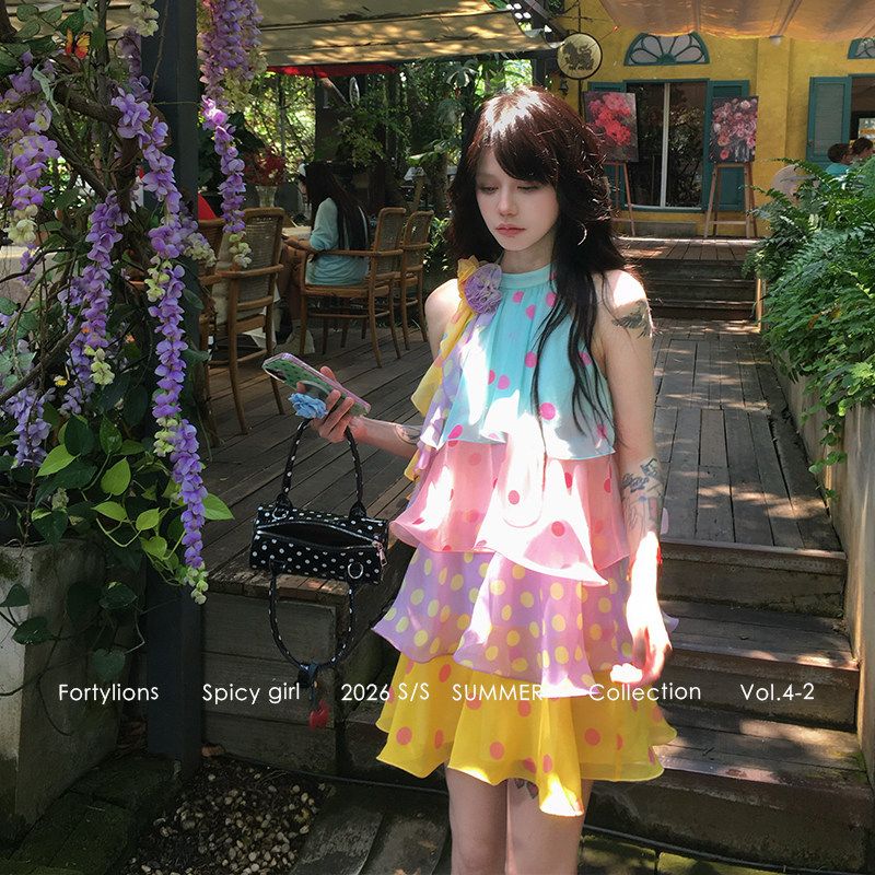 สําหรับ fortylions กลางความยาวสีสันแขนกุด Halterneck a-Line Polka Dot เค้กชุดหญิงฤดูร้อนชุดหวาน