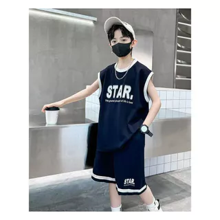 ชุดกีฬาเด็กผู้ชายฤดูร้อนสไตล์เกาหลี แห้งเร็ว ชุดเสื้อกล้ามเสื้อสั้นกางเกงขาสั้นเด็กโต