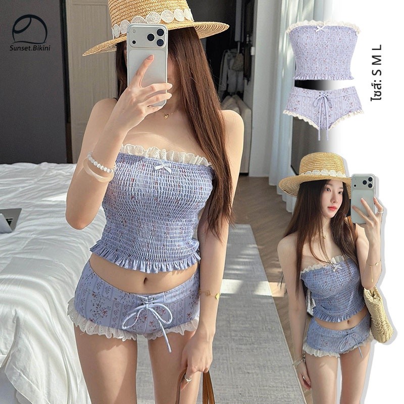 Sunset.bikini สีฟ้า ดอกไม้ ชุดว่ายน้ำ ชุด 2 ชิ้น สไตล์หวานๆ swimsuit สไตล์เกาหลี เซ็กซี่และมีเสน่ห์ ส่งไวจากไทย