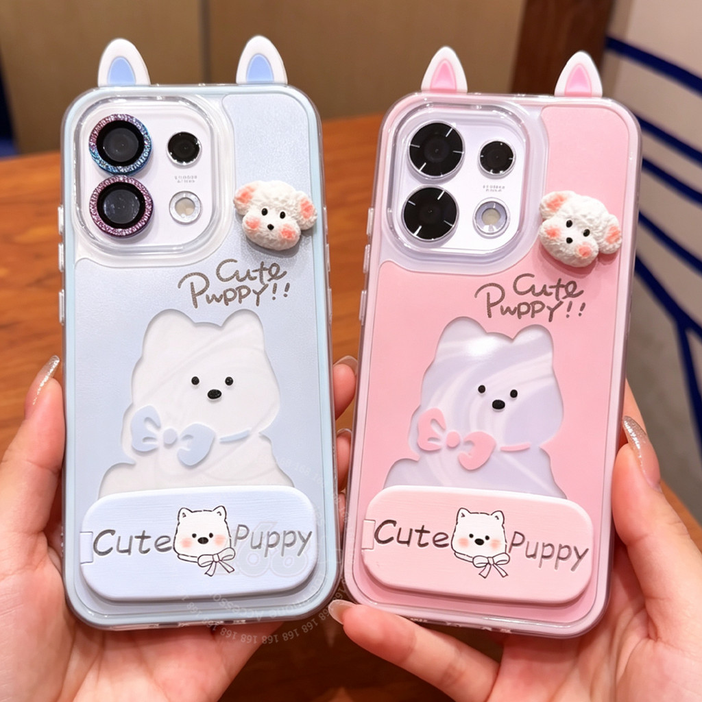 เคส OPPO Reno 16 16F 5G เคส OPPO Reno 16 Pro 5G เคสสุนัขการ์ตูนน่ารัก ลูกสุนัข กันกระแทก พร้อมกระจกและที่วางโทรศัพท์ เจลล์อาร์มอร์ 2 in 1 เคสใส