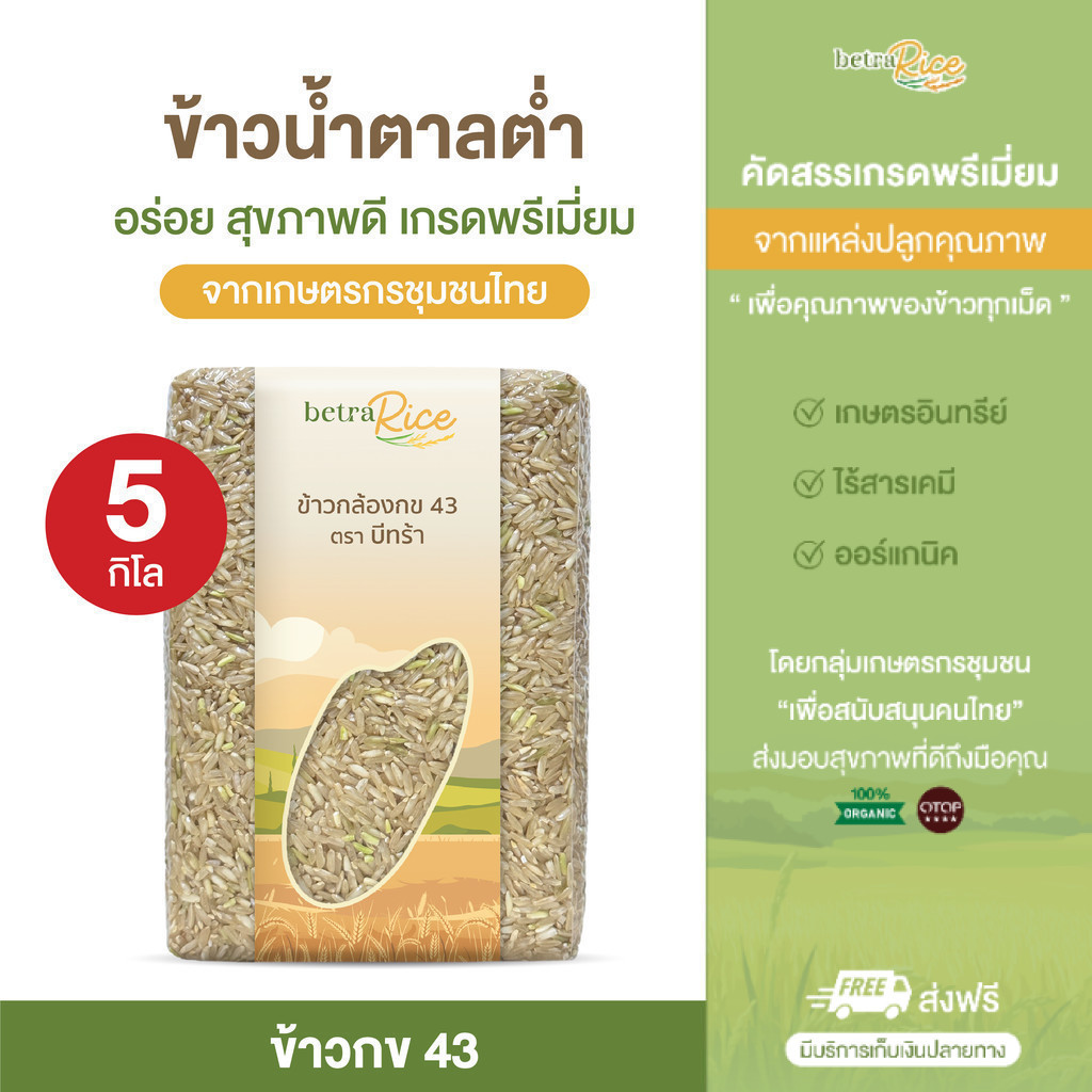 [ขายดี] ข้าวกล้องกข43 ( 5 กก.) น้ำตาลต่ำ ปลอดสาร ข้าวเพื่อสุขภาพ เกรดพรีเมี่ยม แบรนด์บีทร้า