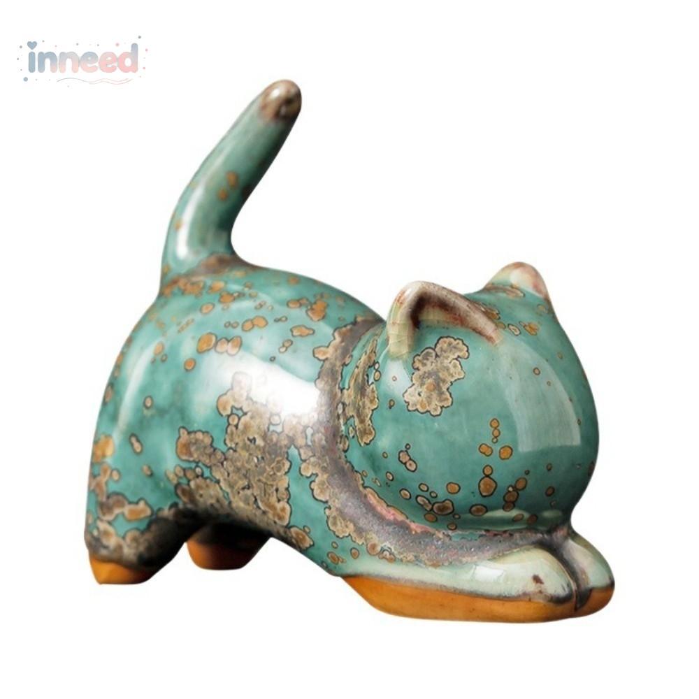 INNEED 1/4pcs Jun Porcelain Cat Tea Pet, Craft Desktop Decor เครื่องประดับเซรามิค,แมวน่ารักชาสัตว์เลี้ยงสไตล์จีนตุ๊กตาสัตว์ปี