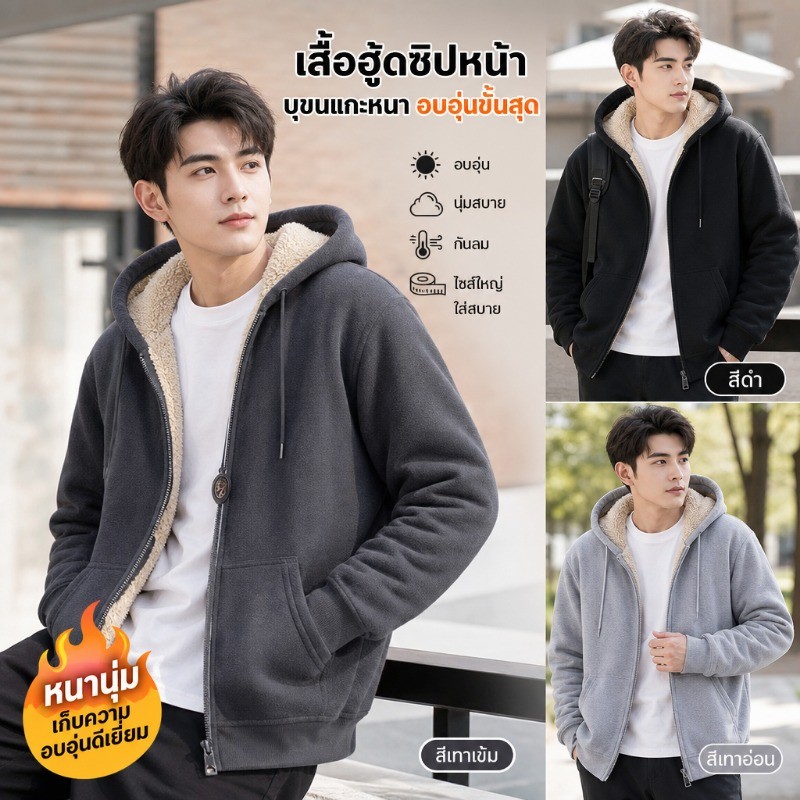 FM🌸เสื้อกันหนาวผู้ชายแบบสวมหัว ผ้าขนแกะหนาพิเศษ มีฮู้ดและซิป จัดส่งจากกรุงเทพฯ