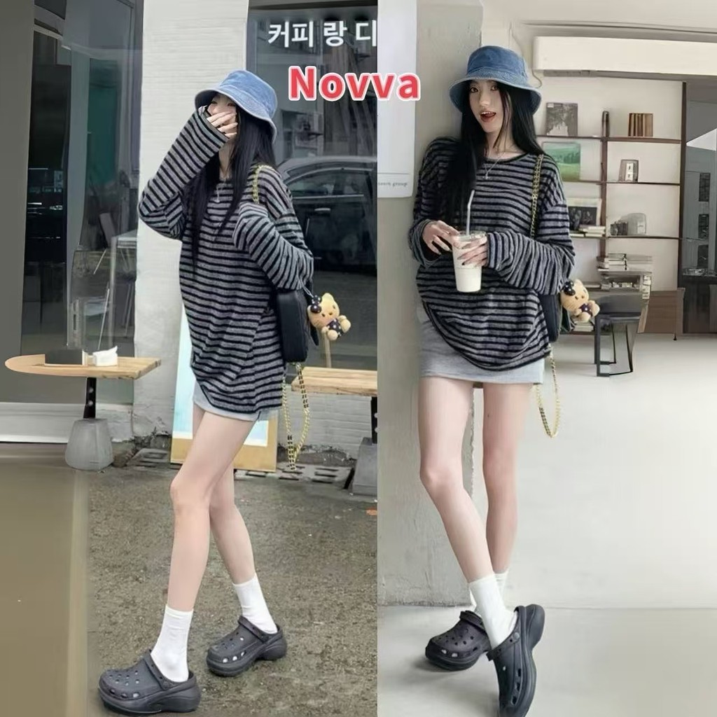ส่งไวจากไทย เสื้อยืดผู้หญิง แขนยาว คอกลม ลายทาง เสื้อแขนยาว Novva