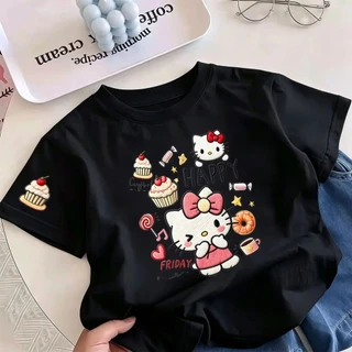 Pebbi Baby เสื้อยืดเด็กผู้หญิงแขนสั้นฤดูร้อน2026 ลายพิมพ์ Hello Kitty เค้กขนมหวาน ผ้าฝ้าย100% นุ่มระบายอากาศ สไตล์เกาหลี